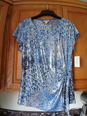 dressbarn Blue Multi-Pattern Short Sleeve Side-Knot Top